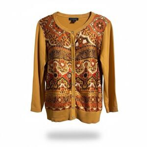 VTG Sweaterworks Silk Cardigan M Scarf Front Paisley Floral Gold Knit Y2K